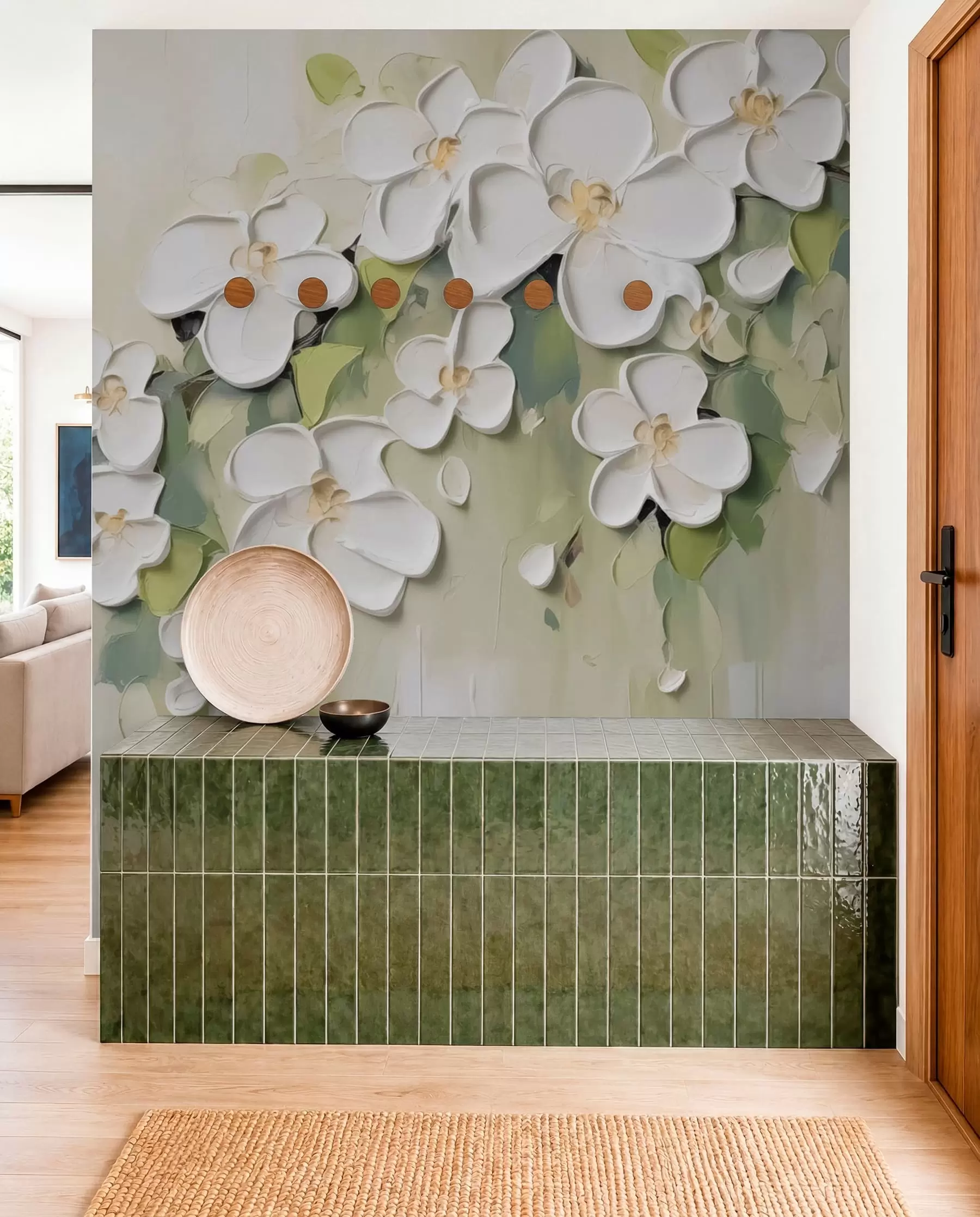 murales de pared Flores blancas en verde oliva w04978