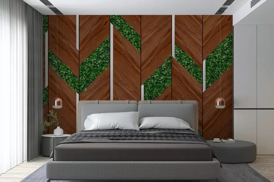 murales de pared imitación de paneles de madera oscura con inserciones vegetales w04875v1