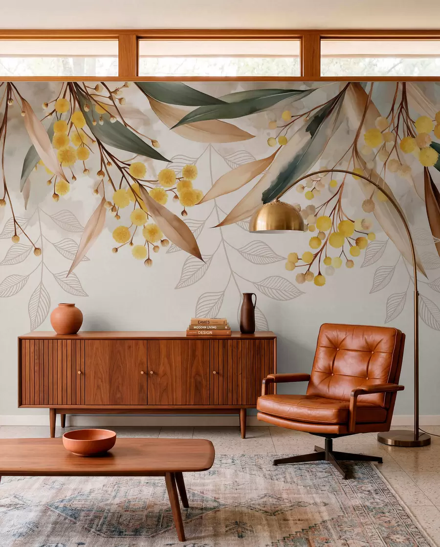 murales de pared flores y hojas de mimosa cayendo desde arriba en estilo acuarela w04880