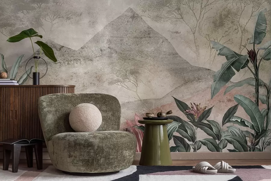 murales de pared Hojas de plátano en tonos pastel y flores tropicales con las montañas como telón de fondo. w04933