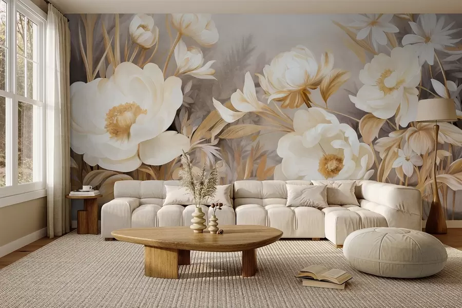 murales de pared Peonías blancas y amarillas y otras flores con hierba alta y hojas en un estilo suave y pictórico con textura w09494