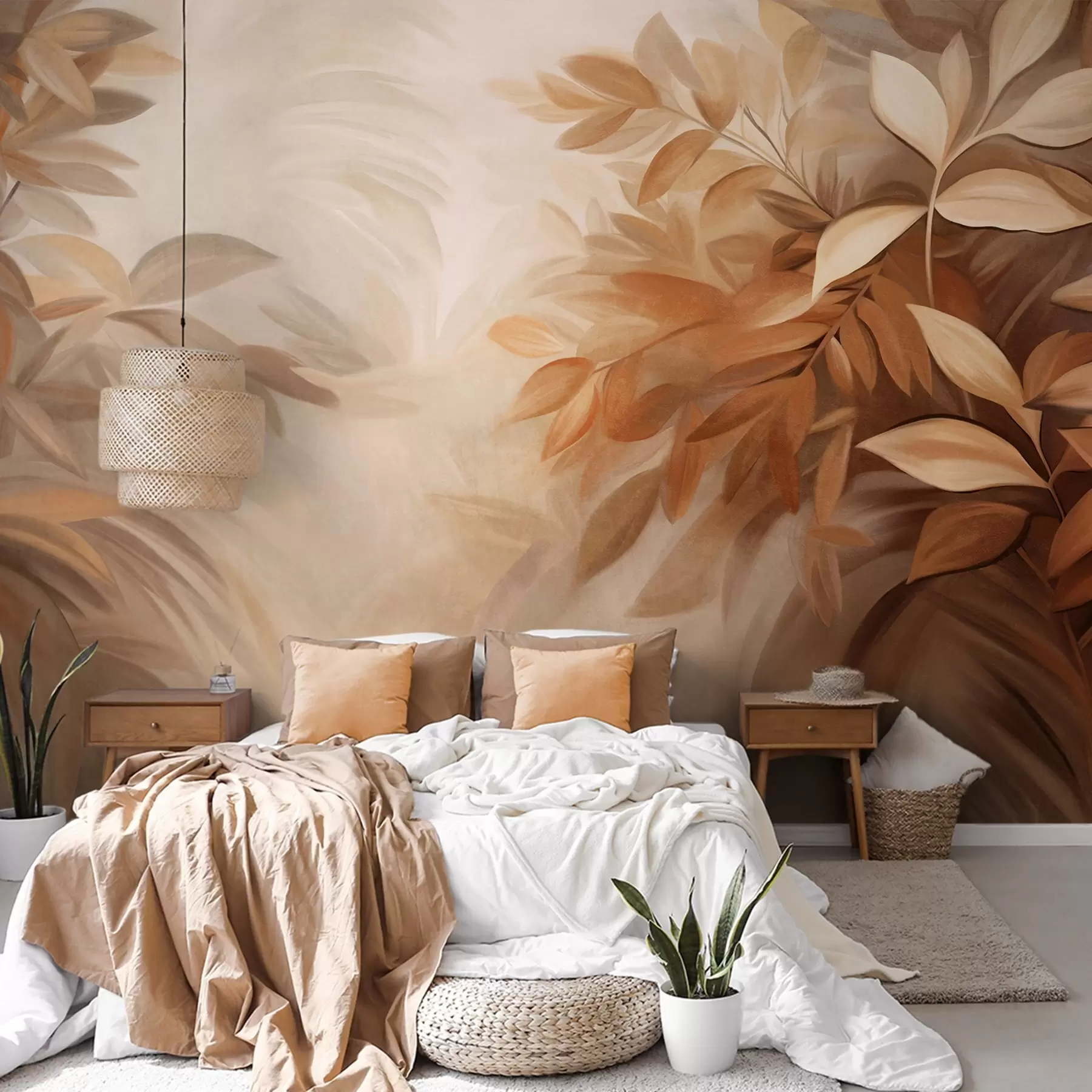 murales de pared Hojas marrones y beige con un follaje de textura suave y difuminada, en un estilo pictórico con pinceladas visibles w09584