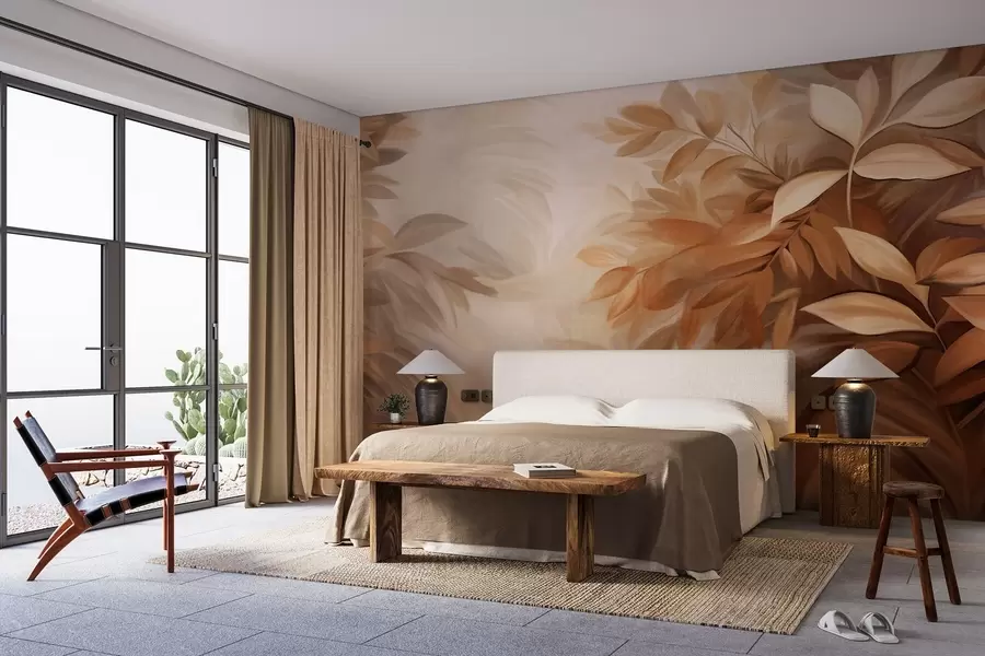 murales de pared Hojas marrones y beige con un follaje de textura suave y difuminada, en un estilo pictórico con pinceladas visibles w09584