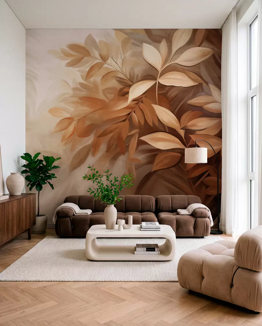 murales de pared Hojas marrones y beige con un follaje de textura suave y difuminada, en un estilo pictórico con pinceladas visibles w09584