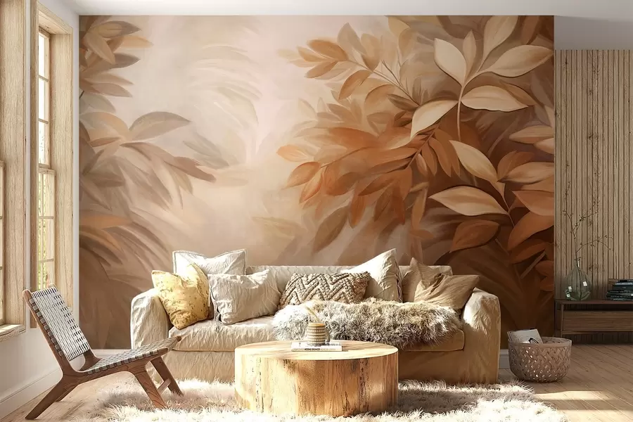 murales de pared Hojas marrones y beige con un follaje de textura suave y difuminada, en un estilo pictórico con pinceladas visibles w09584