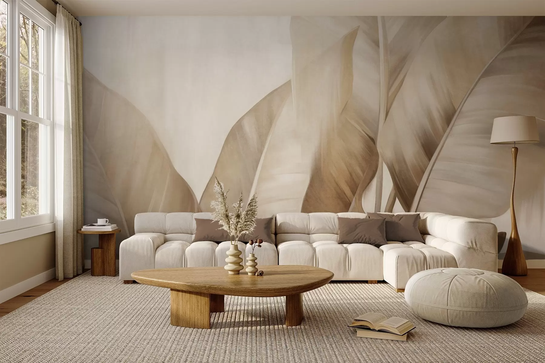 murales de pared Hojas de plátano grandes y texturizadas de color marrón claro sobre un fondo beige claro, con una estética suave y minimalista w09586