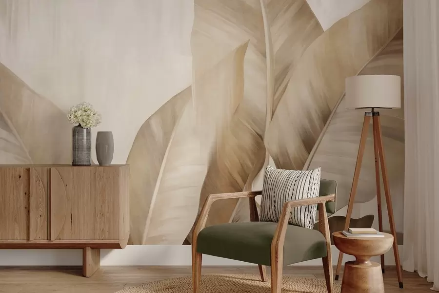 murales de pared Hojas de plátano grandes y texturizadas de color marrón claro sobre un fondo beige claro, con una estética suave y minimalista w09586