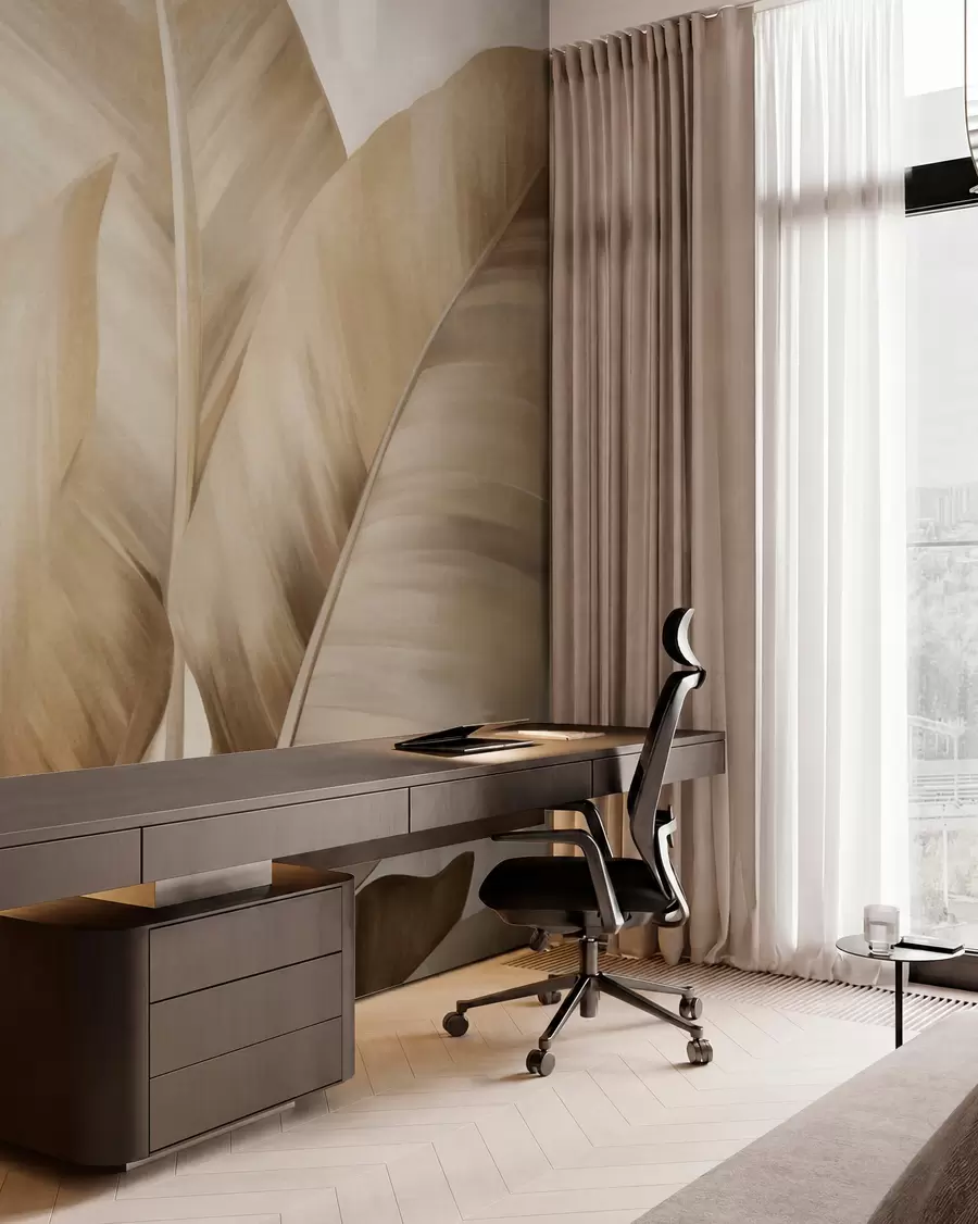 murales de pared Hojas de plátano grandes y texturizadas de color marrón claro sobre un fondo beige claro, con una estética suave y minimalista w09586