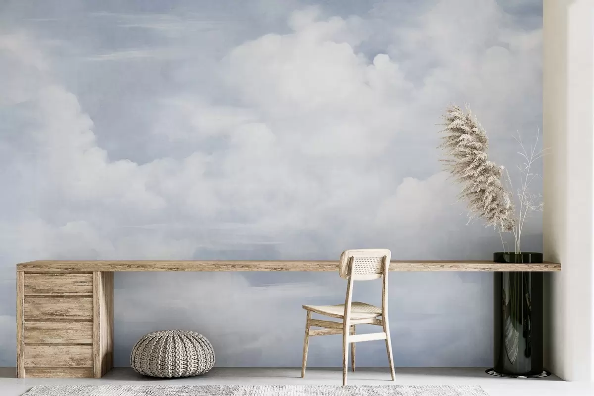 murales de pared Cielo con textura pastel lleno de nubes blancas con una estética suave y minimalista. w09589