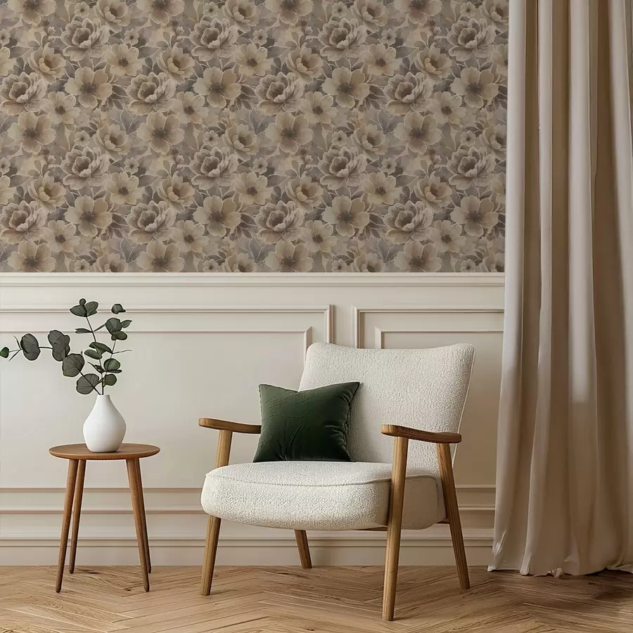 murales de pared Flores pintadas en color beige sobre un fondo abstracto ahumado. a00884