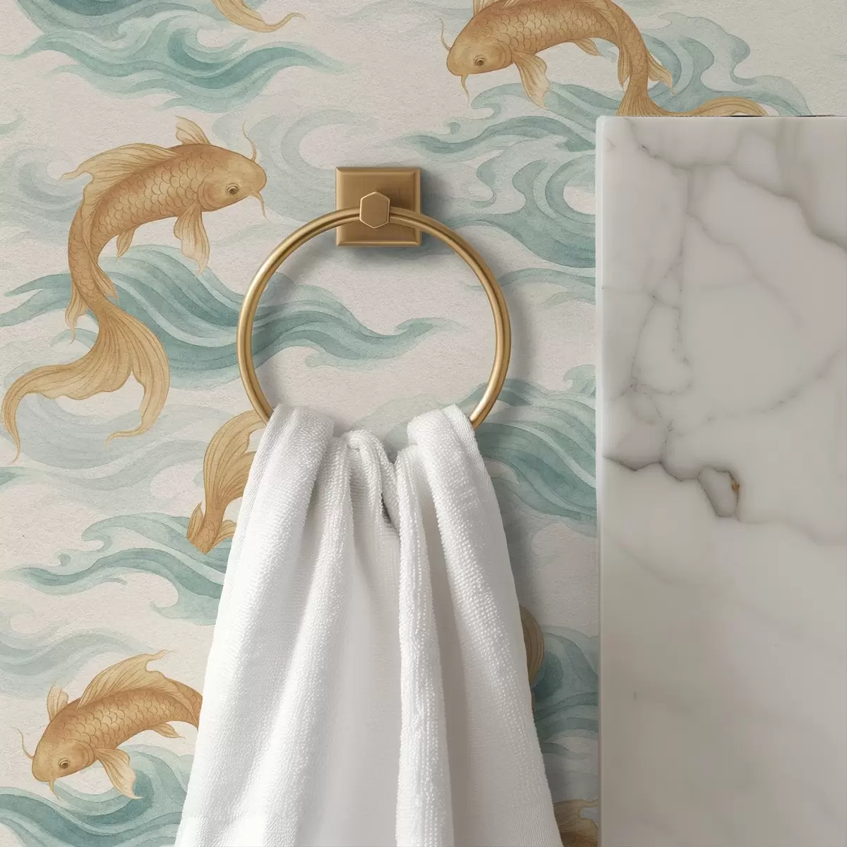 Papel pintado Peces koi ámbar nadando entre suaves olas turquesas. a00894