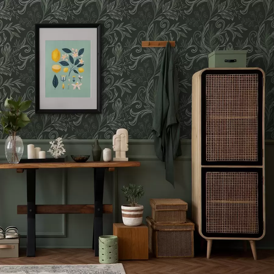 murales de pared Hojas rizadas de bosque profundo en tonos verdes calcáreos a00935v2