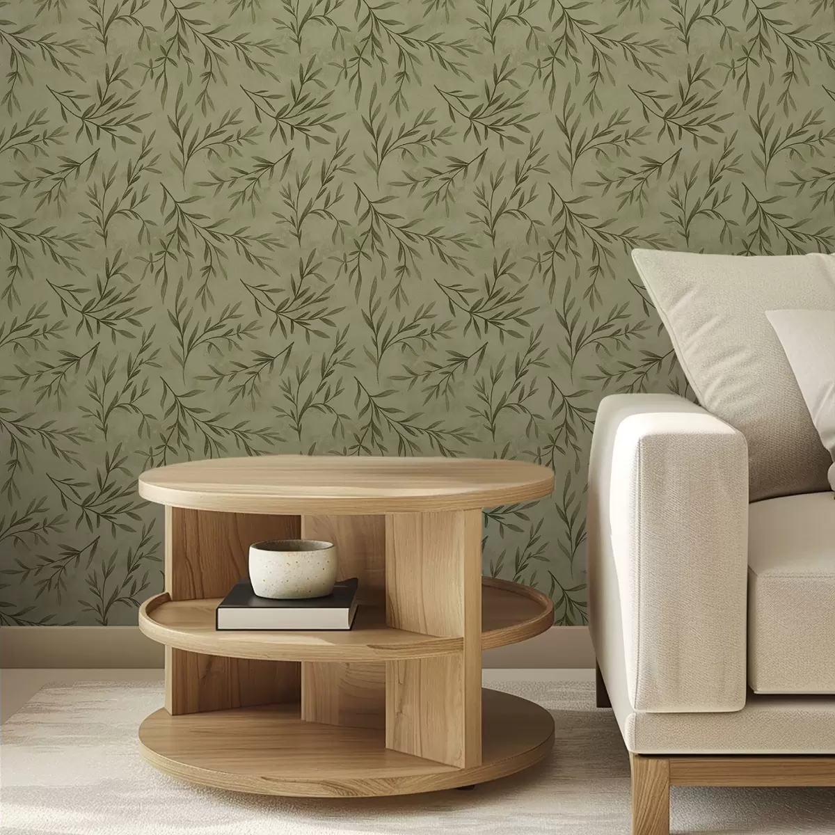 Papel pintado Ramitas de olivo sobre un fondo texturizado de color amarillo verdoso apagado. a00936