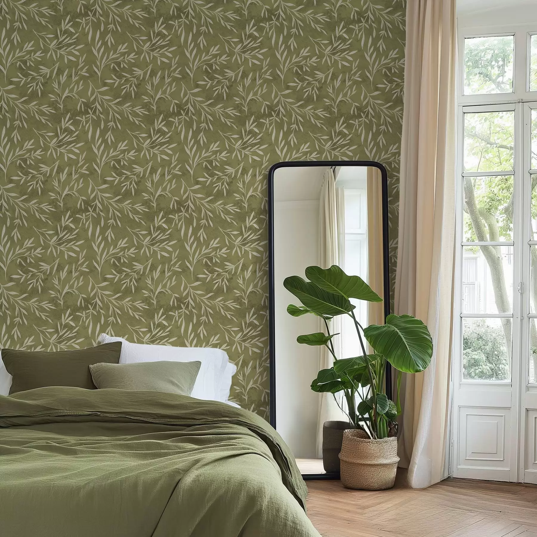 murales de pared Ramitas de color blanco crema sobre un fondo cálido con textura oliva a00936v1