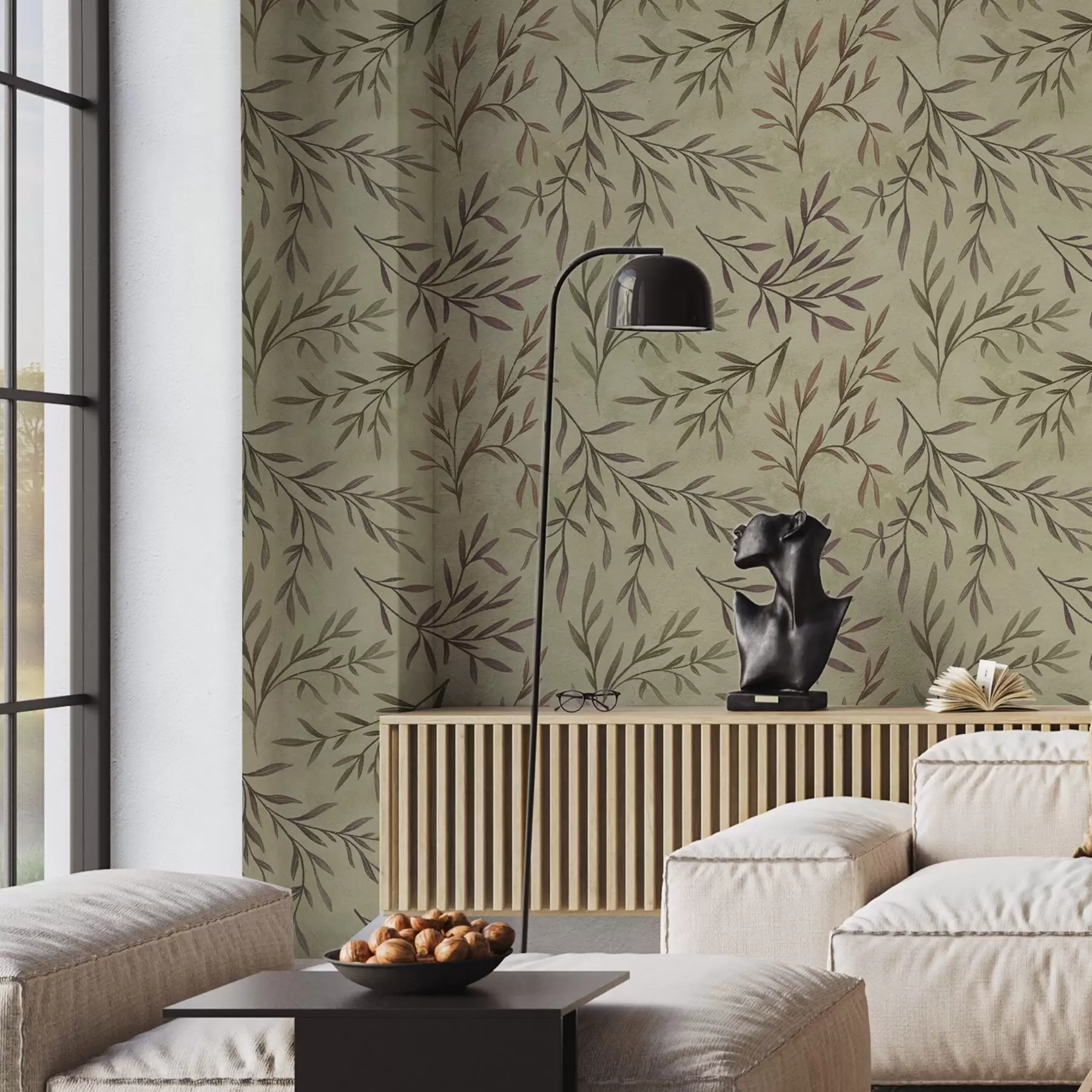 murales de pared Ramas de lila y verde con hojas sobre un fondo cálido a00936v4