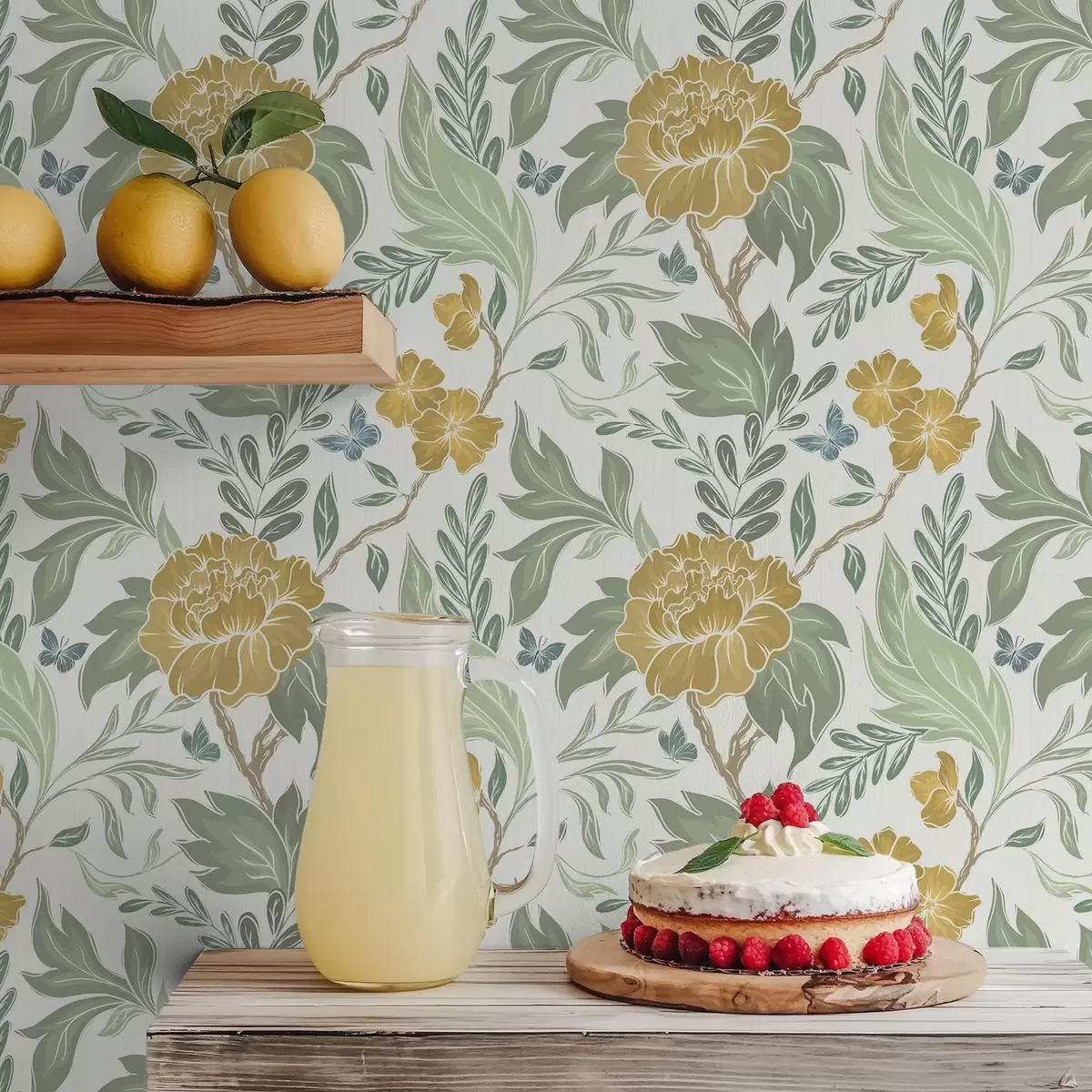 Papel pintado Grandes peonías amarillas y vegetación sobre un fondo claro. a00941