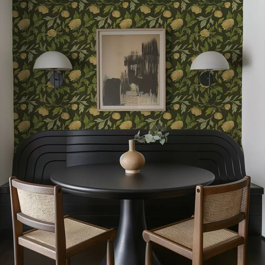 murales de pared Peonías amarillas sobre un fondo verde oscuro intenso a00942v1