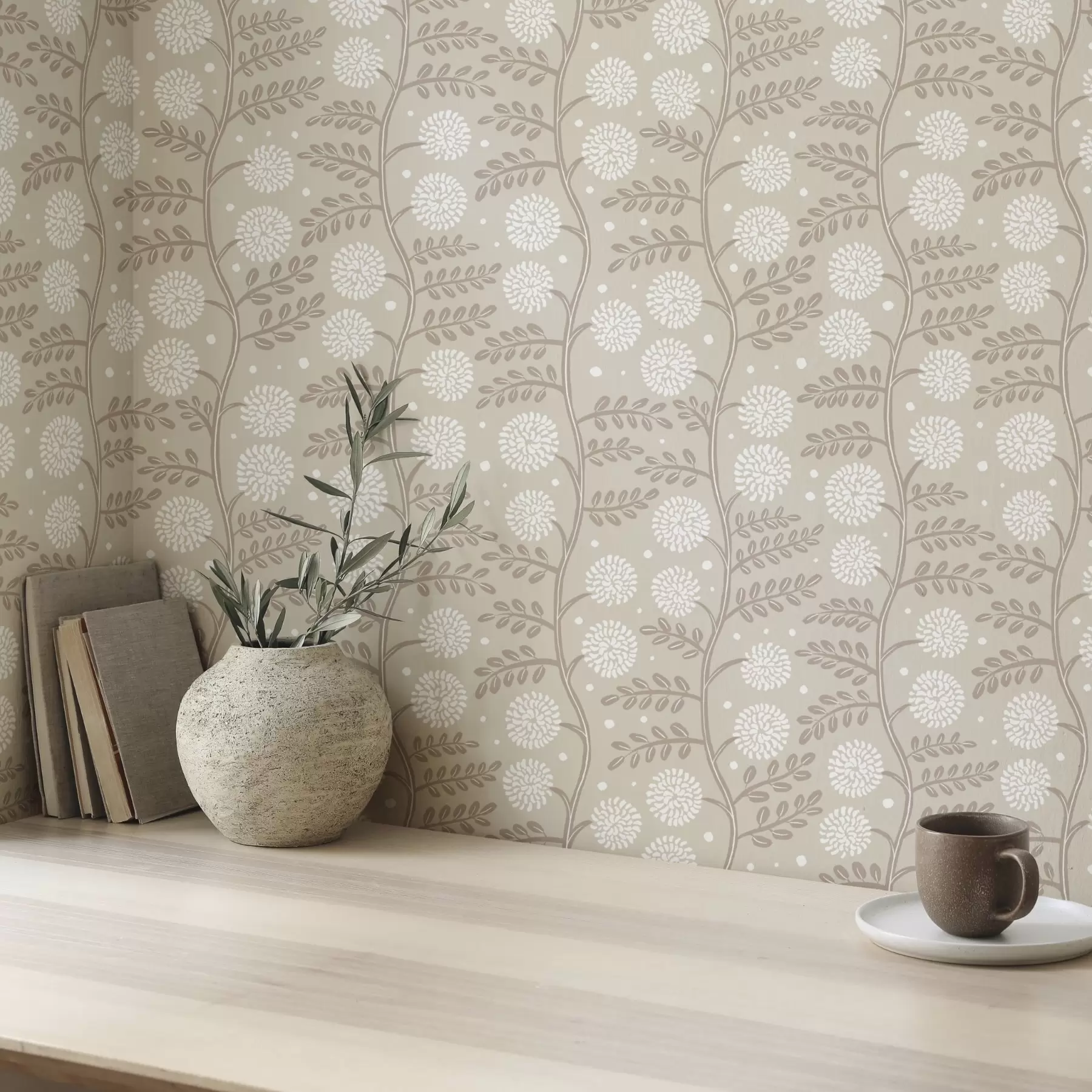 murales de pared Tallos de color beige con flores blancas esponjosas y suaves puntos a00997