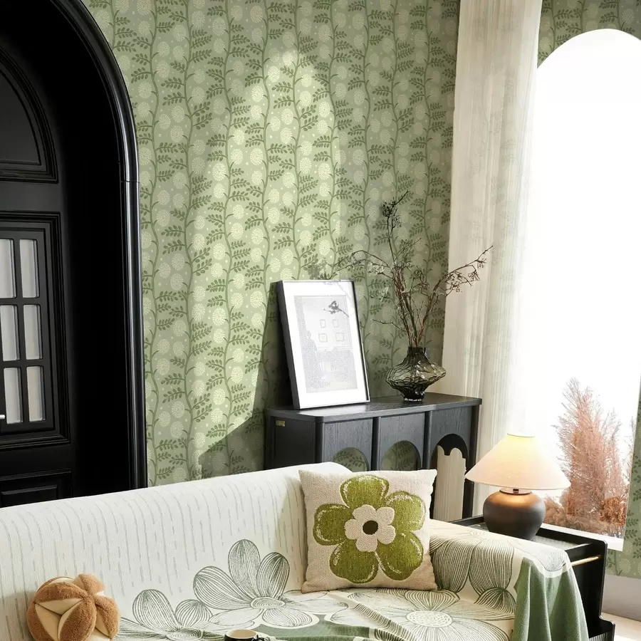 murales de pared Tallos verde salvia con flores esponjosas de color marfil y lunares a00997v2