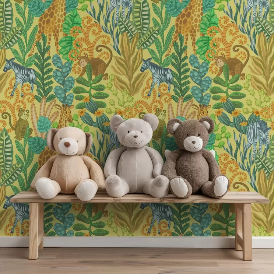 murales de pared Jirafa, cebra y mono en una sabana de color amarillo brillante a01000v1