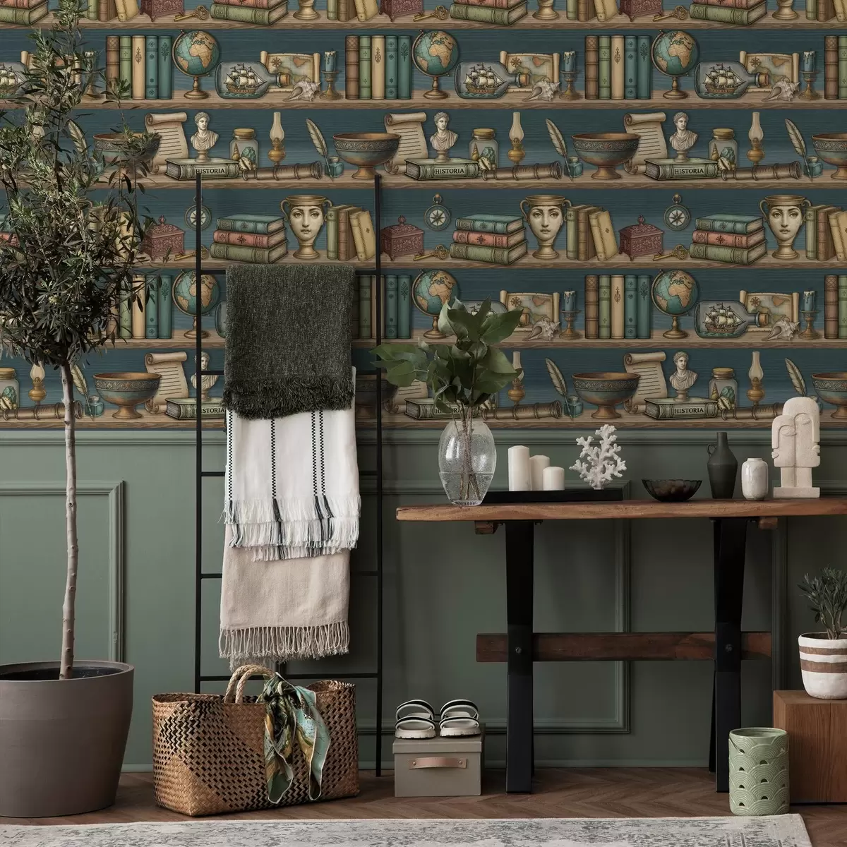 Papel pintado Estanterías vintage con libros, un globo terráqueo y curiosidades marinas. a01036