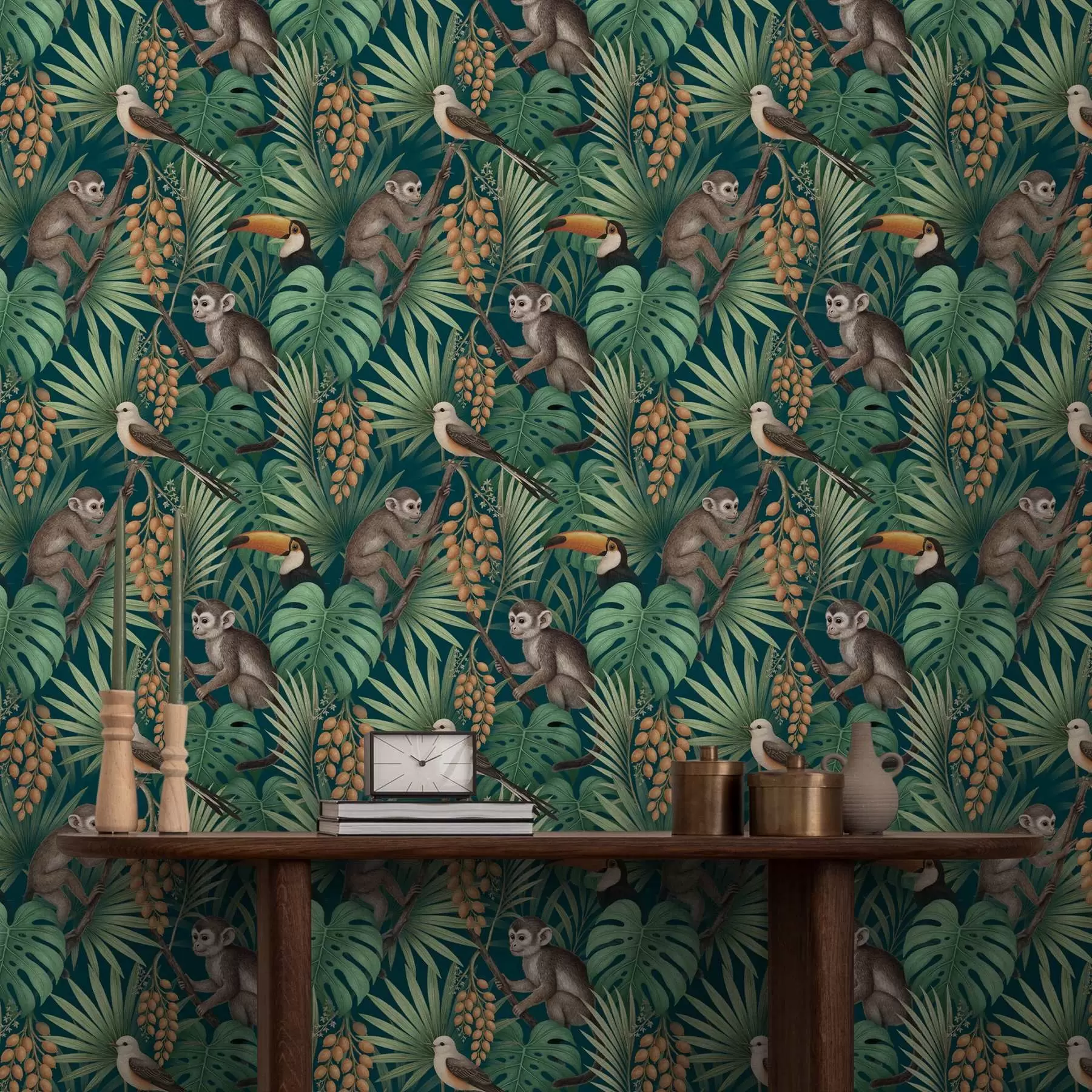 murales de pared Monos y aves tropicales en la densa vegetación de la selva a01037