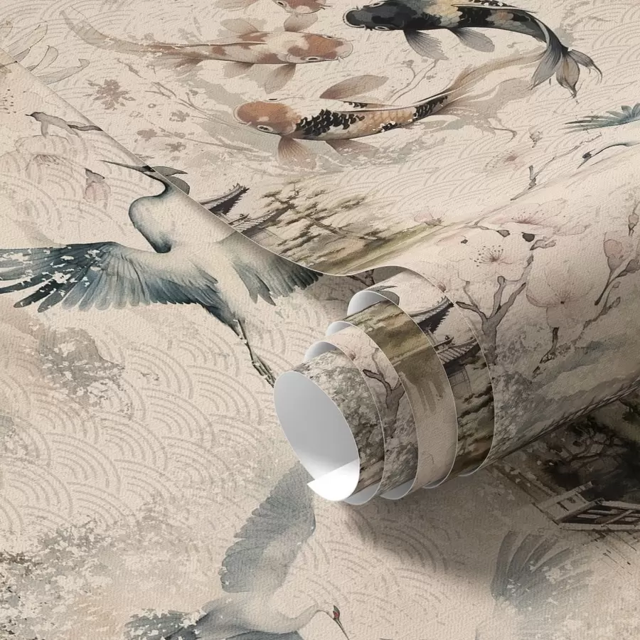 murales de pared Templos japoneses, peces koi y grullas sobre un fondo suave a01040