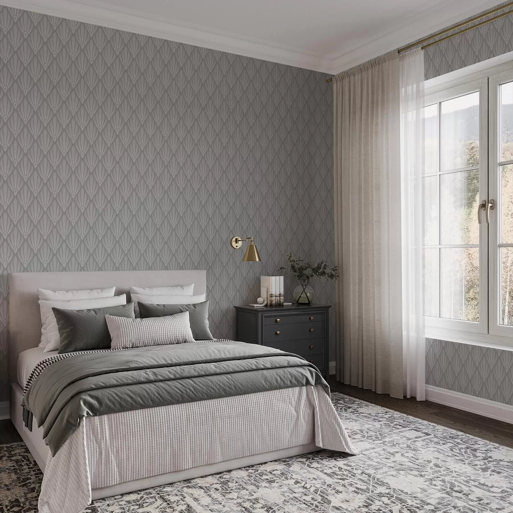 murales de pared Art Déco gris con formas en forma de abanico a01064