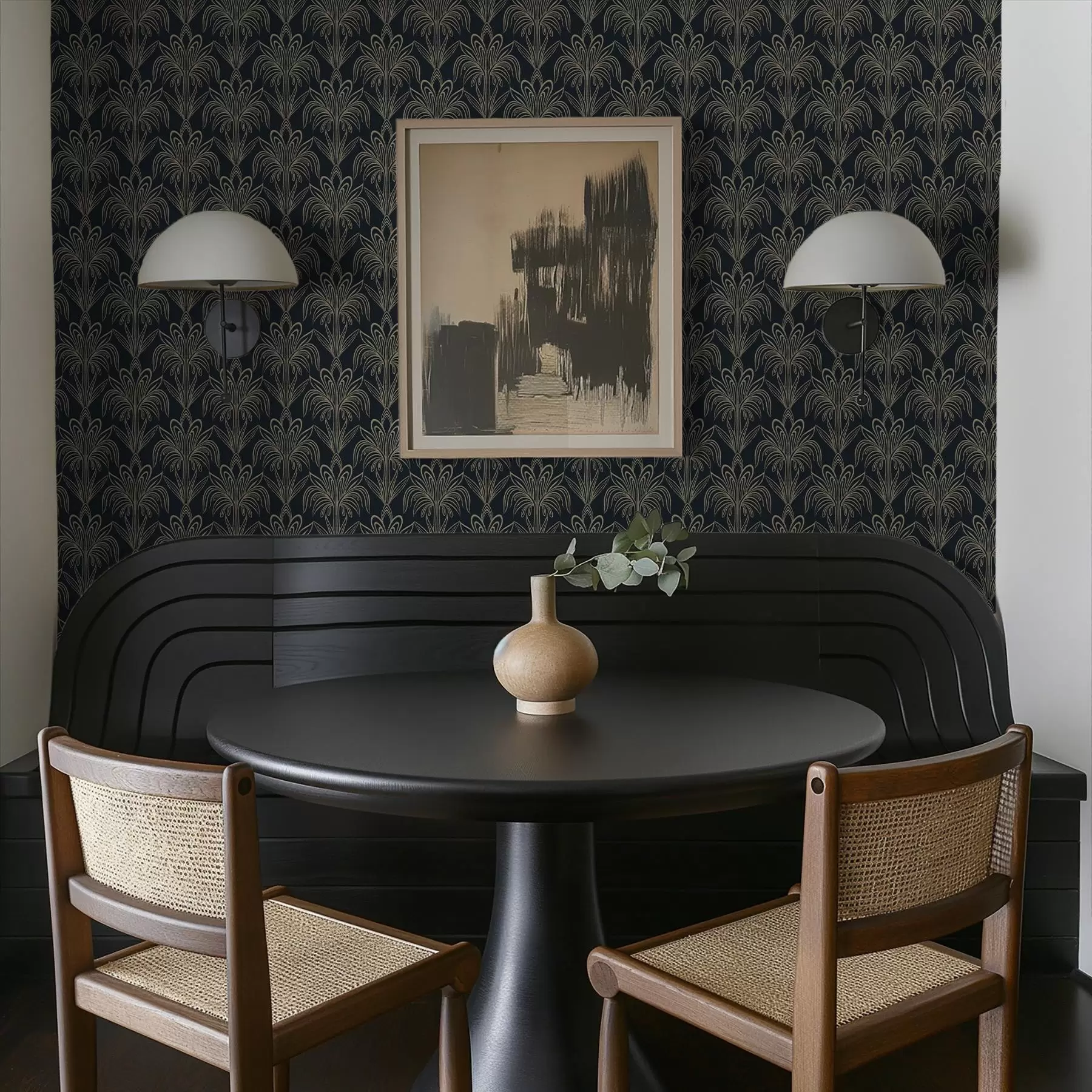 murales de pared Adorno Art Déco oscuro con plantas estilizadas a01065