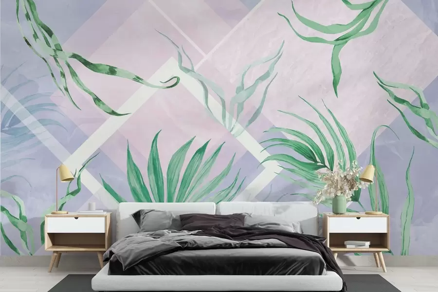 murales de pared Exuberante vegetación sobre un suave fondo pastel w01625