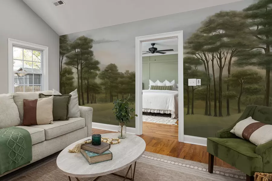 murales de pared Tranquilo paisaje forestal en tonos suaves w02193