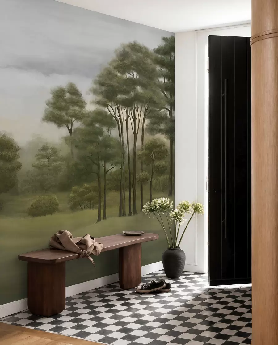 murales de pared Tranquilo paisaje forestal en tonos suaves w02193