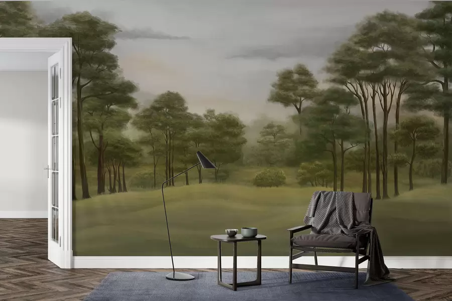 murales de pared Tranquilo paisaje forestal en tonos suaves w02193