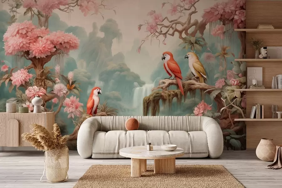 murales de pared Un bosque tropical de cuento de hadas con loros, árboles en flor con flores rosas y una cascada. w09580