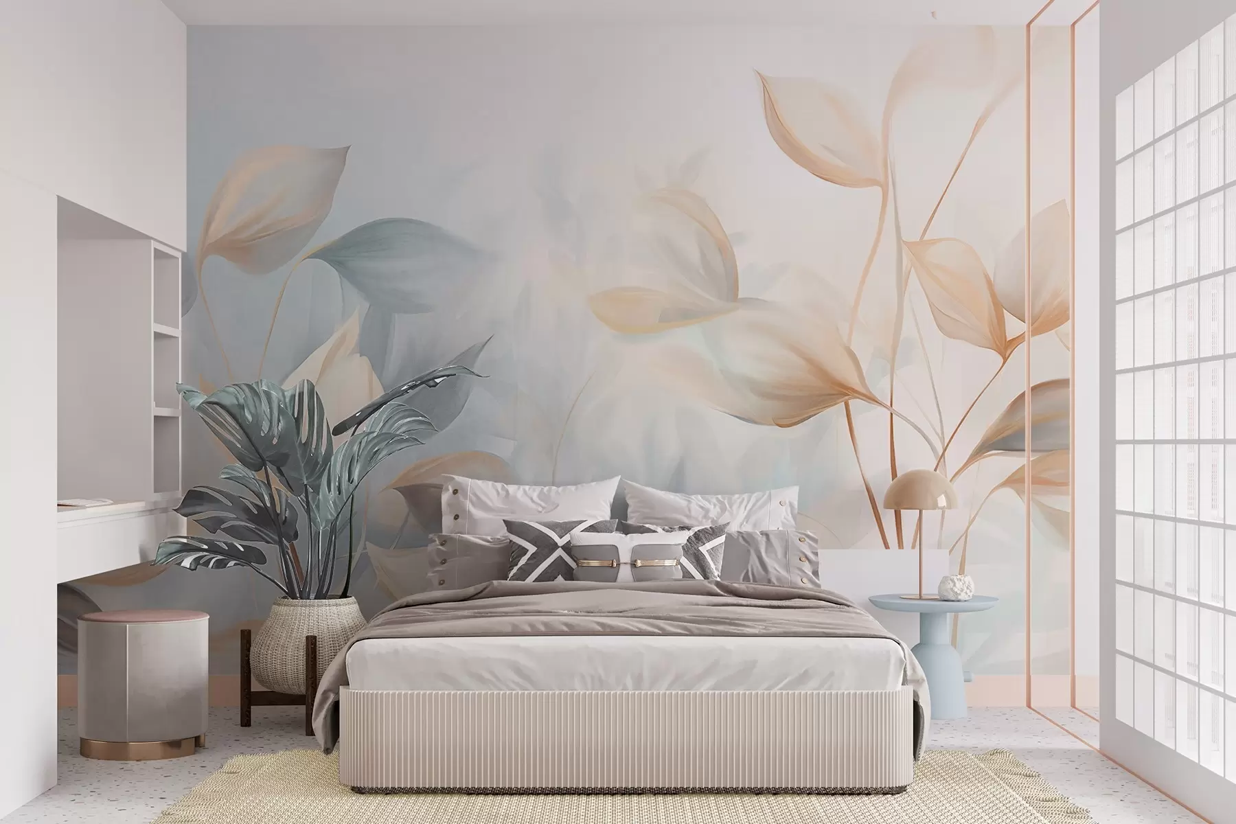 murales de pared Hojas suaves, delicadas y translúcidas en tonos apagados de beige, melocotón y azul pálido, arte texturizado en tonos pastel. w09607