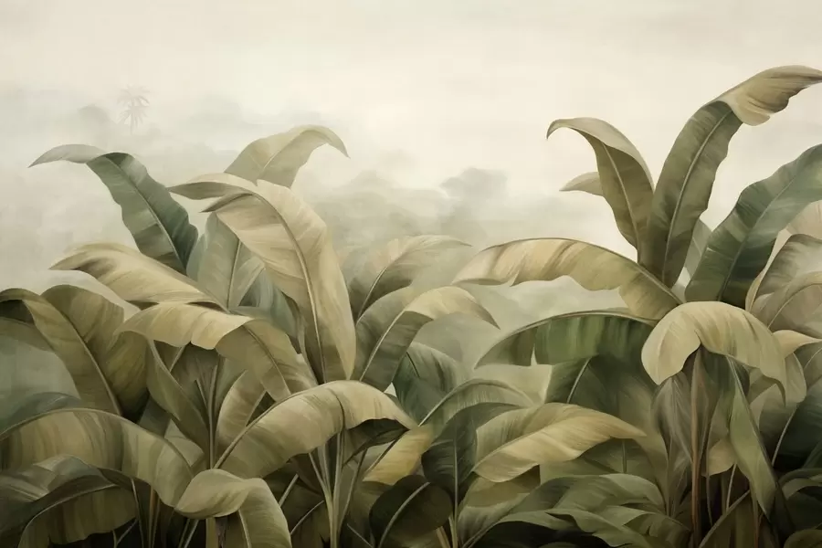 murales de pared Paisaje selvático denso y texturizado con grandes hojas de plátano en tonos verdes y beige apagados. w09613
