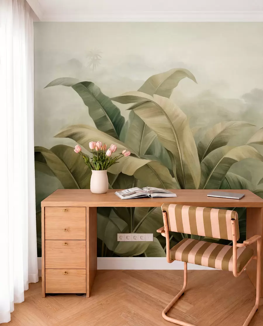 murales de pared Paisaje selvático denso y texturizado con grandes hojas de plátano en tonos verdes y beige apagados. w09613