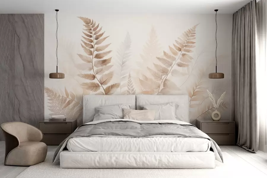 murales de pared Hojas secas de helecho con textura en varios tonos de marrón, con un fondo suave y claro en estilo acuarela. w09615