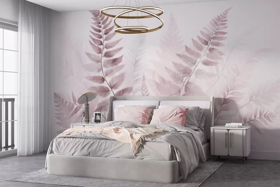 murales de pared Hojas secas de helecho con textura en varios tonos de rosa, con un fondo suave y claro en estilo acuarela. w09615v2