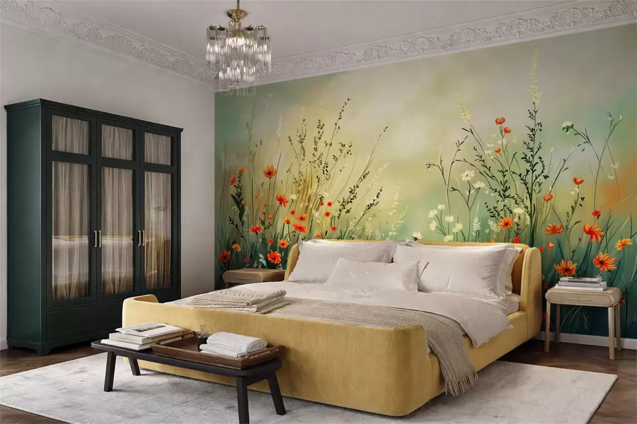 murales de pared Flores y hierbas del prado en un estilo pictórico suave. w05015