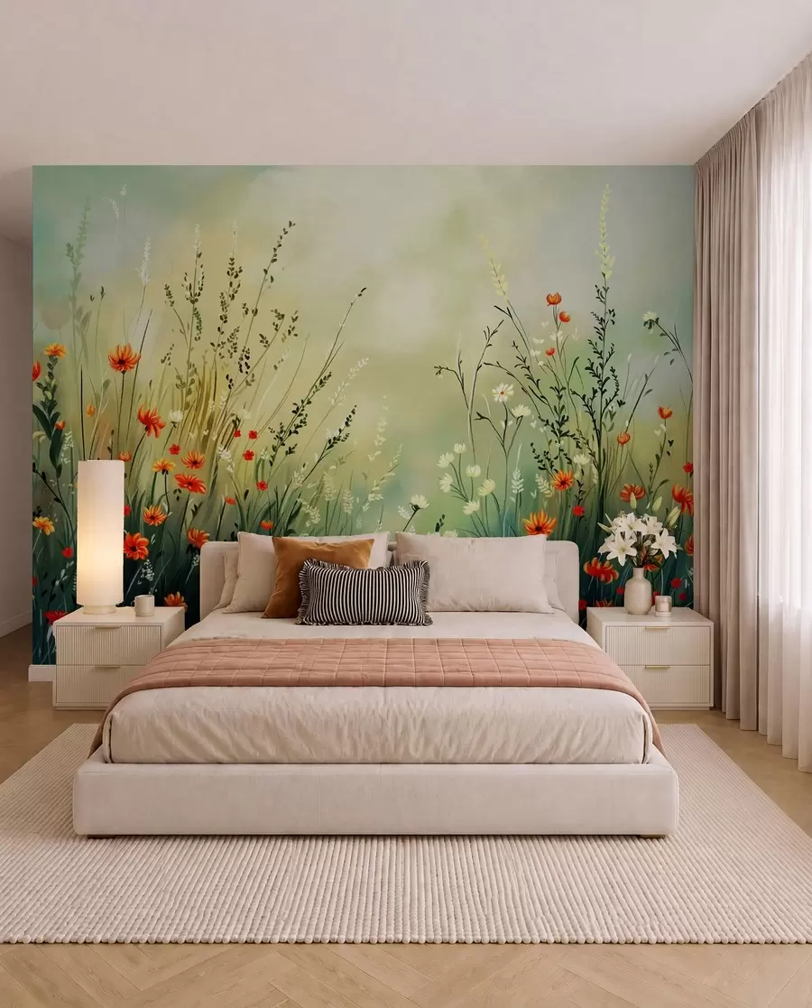 murales de pared Flores y hierbas del prado en un estilo pictórico suave. w05015