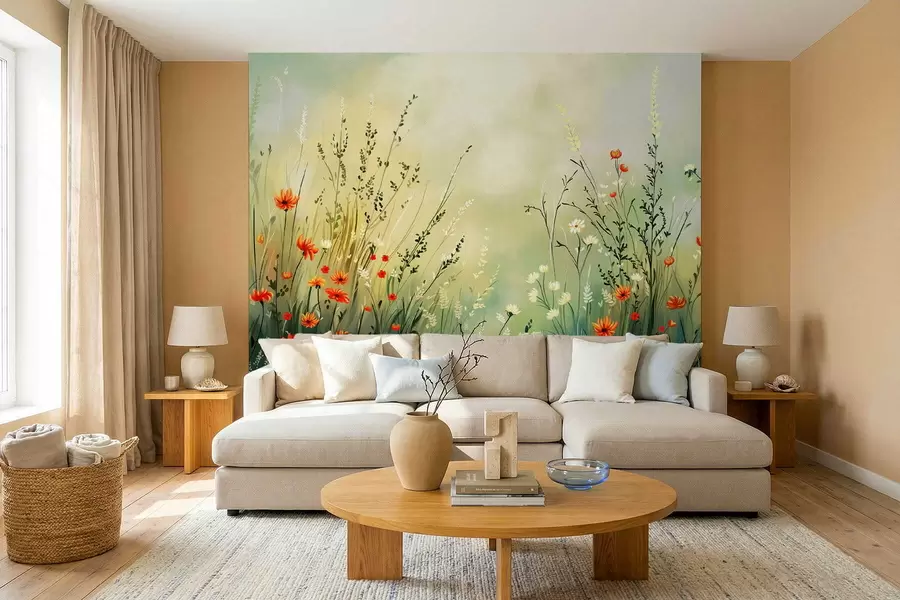 murales de pared Flores y hierbas del prado en un estilo pictórico suave. w05015