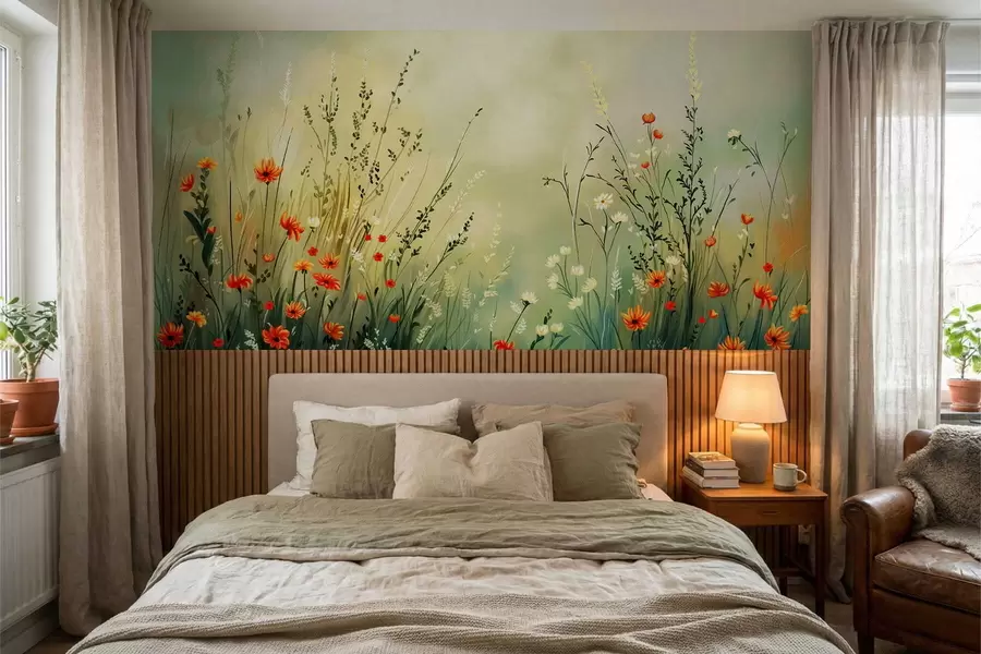 murales de pared Flores y hierbas del prado en un estilo pictórico suave. w05015
