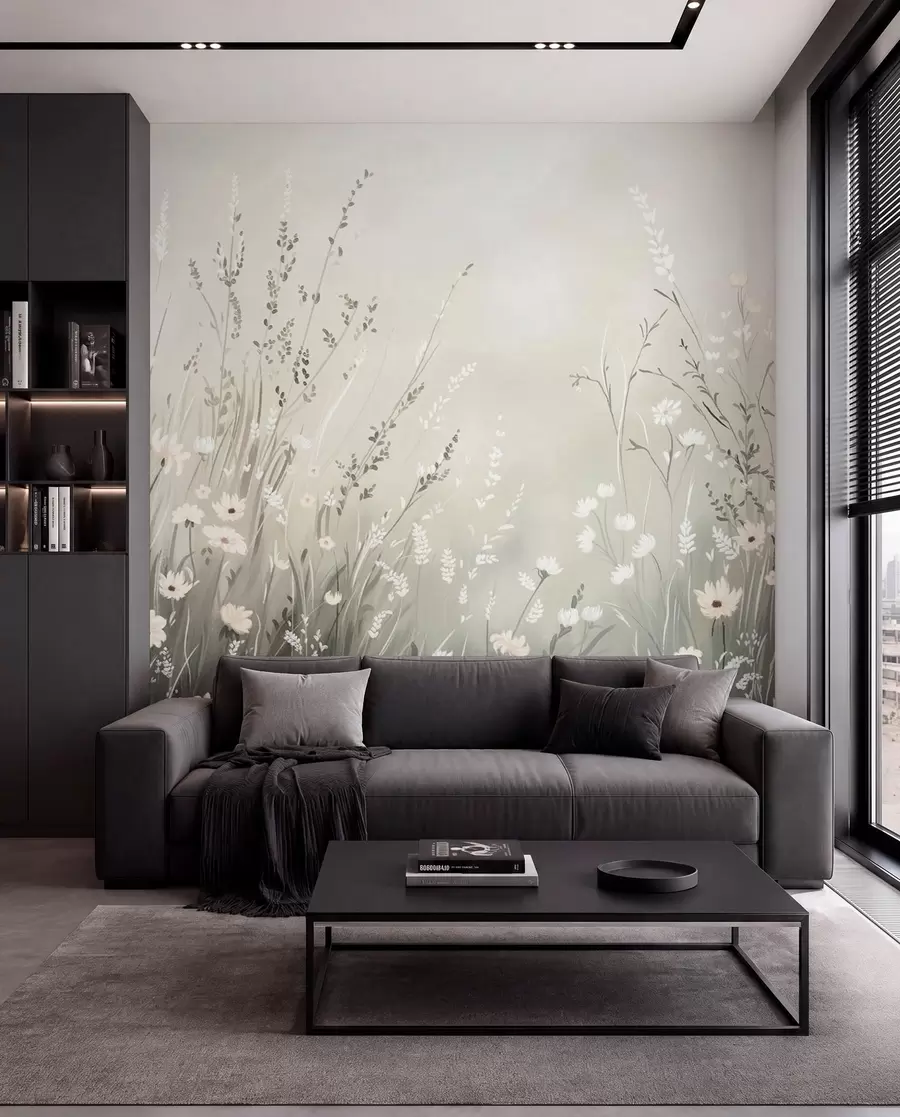 murales de pared Suave escena de pradera con flores blancas y delicadas hierbas. w05015v1