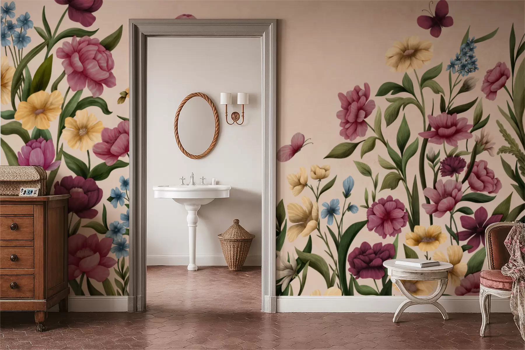 murales de pared Composición floral con plantas y mariposas sobre fondo claro. w05072