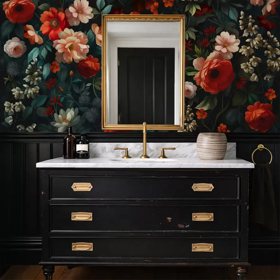 murales de pared Estampado floral oscuro con exuberantes flores de jardín. w05087