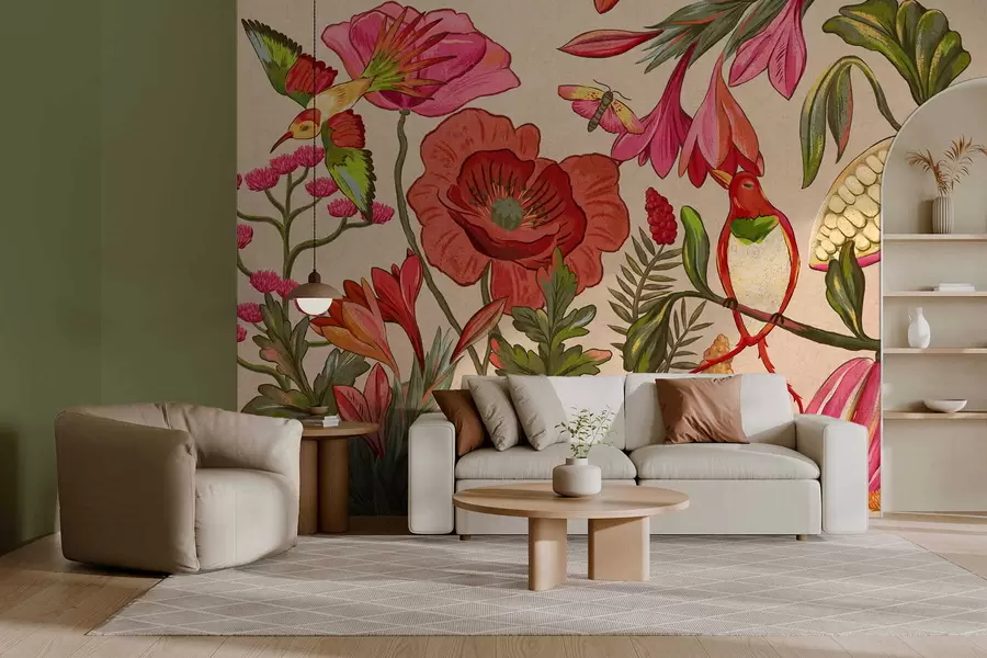 murales de pared Flores y pájaros decorativos sobre fondo beige w05036