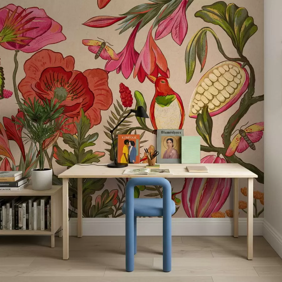 murales de pared Flores y pájaros decorativos sobre fondo azul w05036