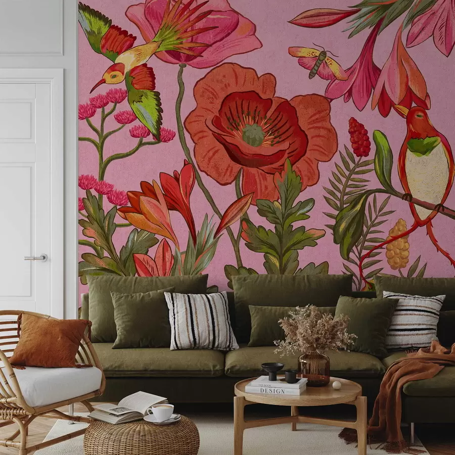 murales de pared Flores y pájaros decorativos sobre fondo rosa w05036v2