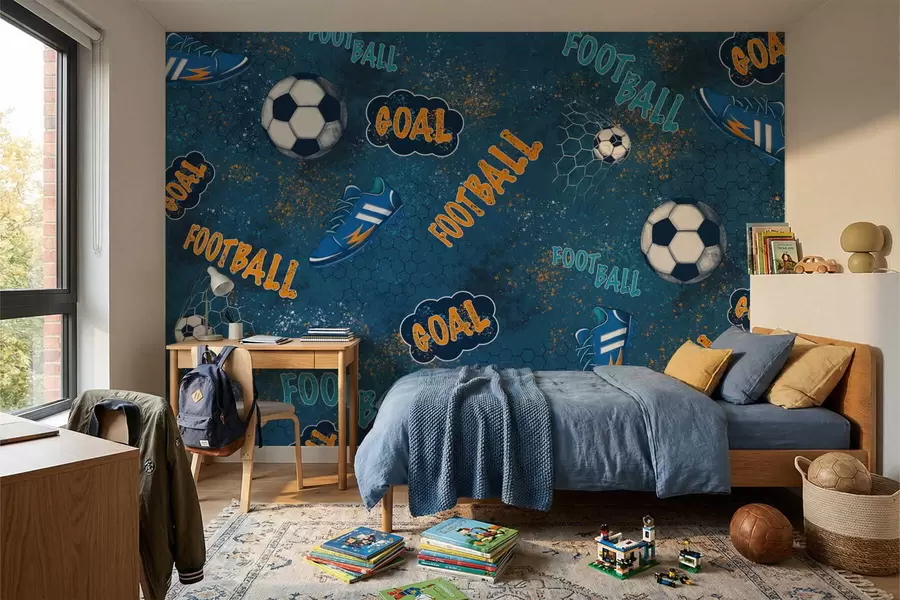 murales de pared Diseño infantil con pelotas, zapatillas y palabras deportivas. w05037